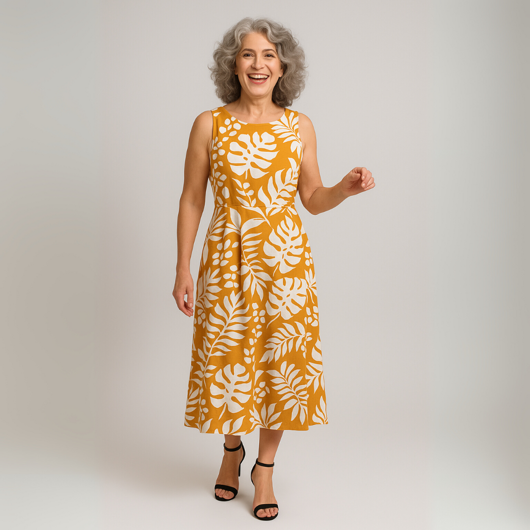 LUCY | ELEGANTE MOUWLOZE JURK MET BLADPRINT